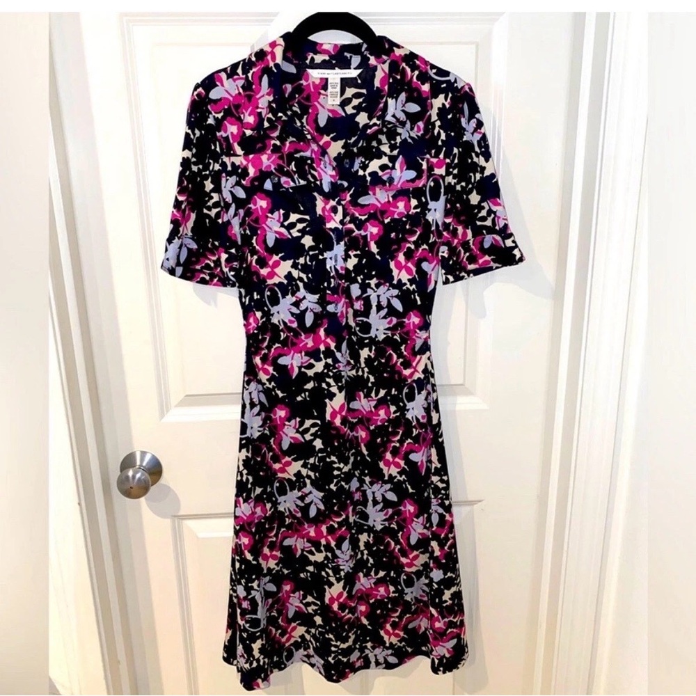 Diane von Furstenberg Size 8 Navy Blue Pink Silk Shirt Dress DVF